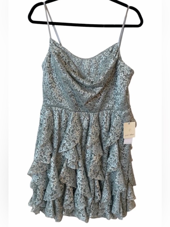 Pear Culture Dresses & Skirts - Silver Lace Ruffle Mini Dress Spaghetti Strap Size 15/16